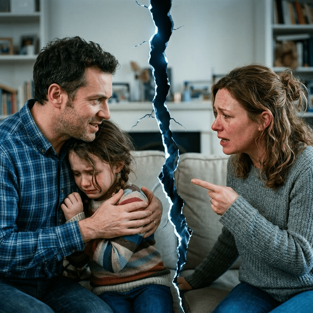 Child looking upset while parents argue on a couch