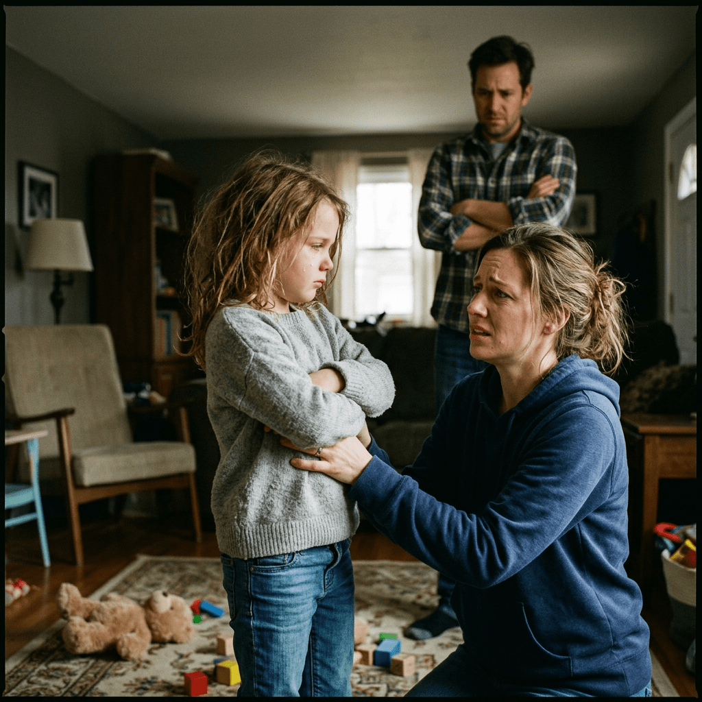 Mother kneeling, comforting upset daughter with crossed arms, father standing in background with folded arms.