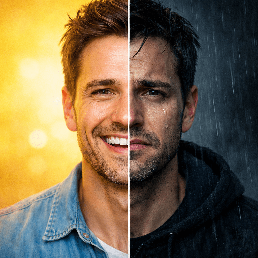 Split image of a man's face showing happiness with a smile on the left and sadness with tears on the right