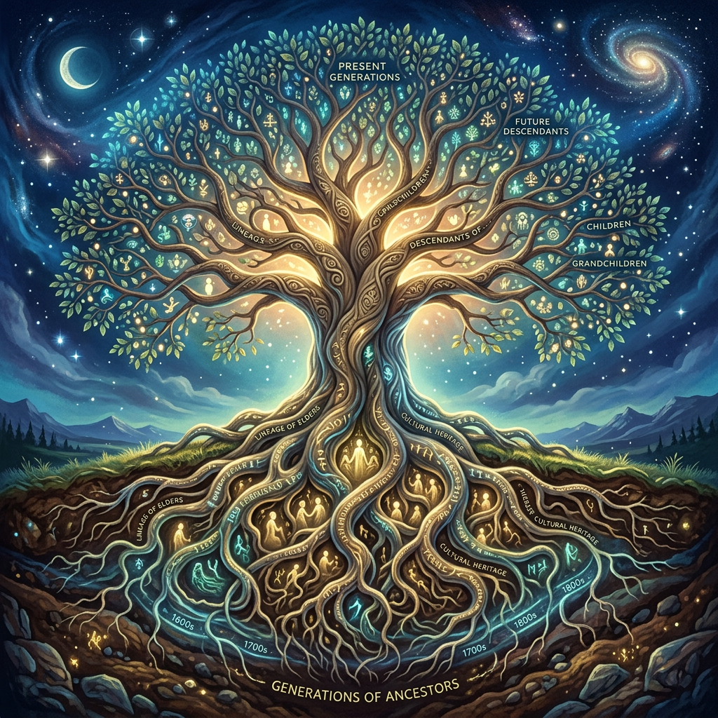 Illustrated family tree with labeled branches showing ancestors, elders, present generations, and future descendants