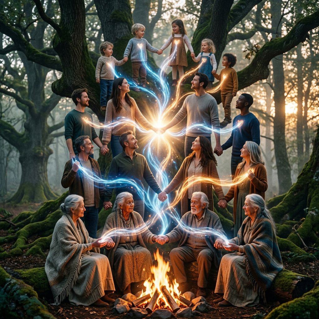 Multigenerational family holding hands around campfire with glowing magical energy connecting them