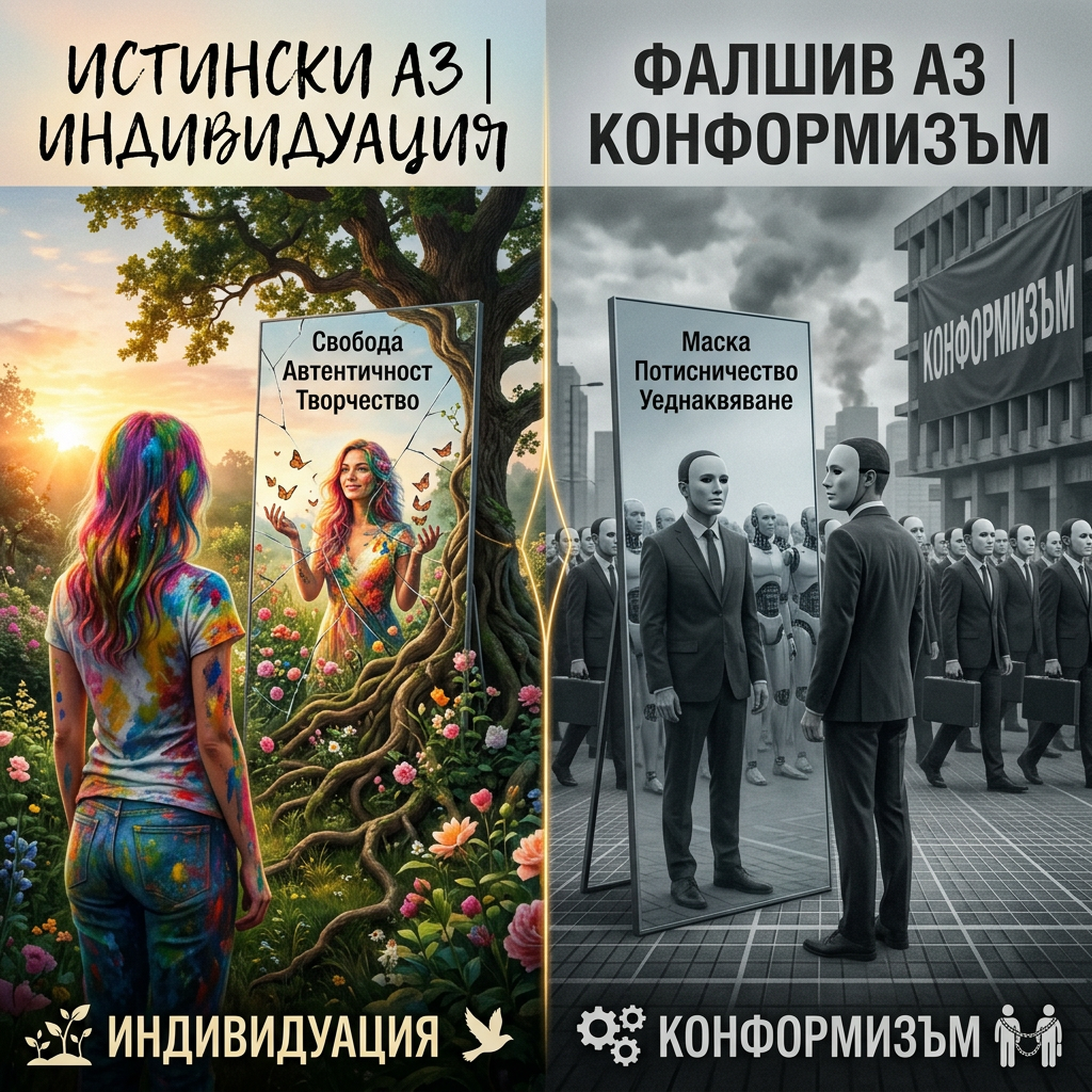 ИСТИНСКИ АЗ | ИНДИВИДУАЦИЯ; ФАЛШИВ АЗ | КОНФОРМИЗЪМ; Свобода Автентичност Творчество; Маска Потисничество Уеднаквяване; ИНДИВИДУАЦИЯ; КОНФОРМИЗЪМ